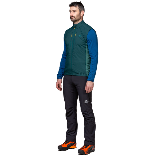 Mountain Equipment Switch Men's Vest in Pine/Fern - detail view showing YKK centre front zip and zipped chest pocket