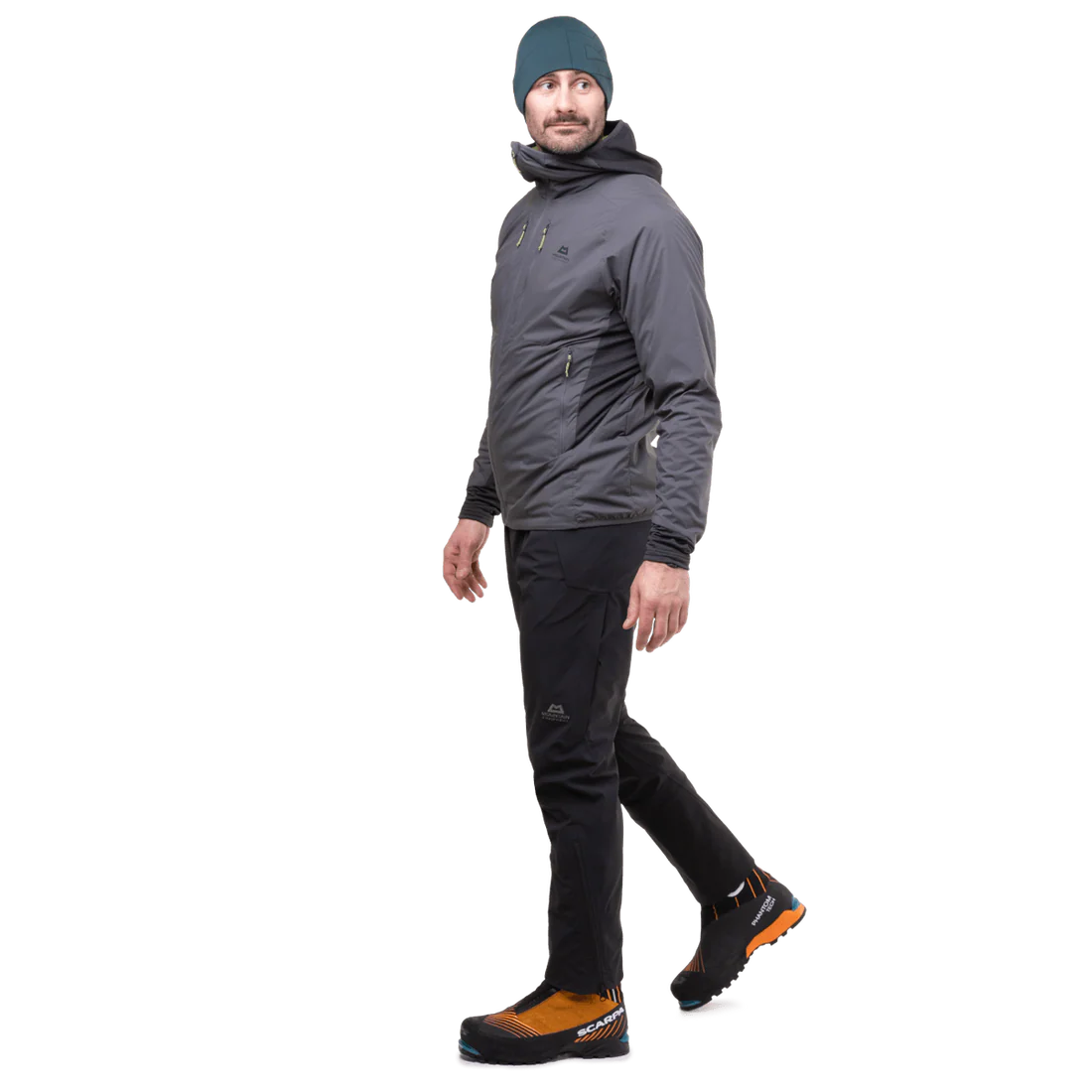 Mountain Equipment Switch Pro Hooded Men's Jacket in Anvil Grey - back view showing active fit and Pontetorto Tecnostretch side panels
