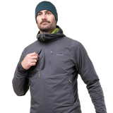 Mountain Equipment Switch Pro Hooded Men's Jacket in Anvil Grey - detail view showing grown-on elastane bound hood and Pontetorto Tecnostretch hood panel