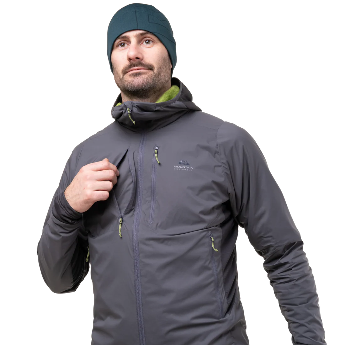 Mountain Equipment Switch Pro Hooded Men's Jacket in Anvil Grey - detail view showing grown-on elastane bound hood and Pontetorto Tecnostretch hood panel