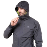 Mountain Equipment Switch Pro Hooded Men's Jacket in Anvil Grey - detail view showing YKK centre front zip and zipped chest pocket