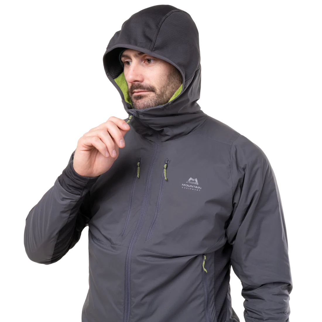 Mountain Equipment Switch Pro Hooded Men's Jacket in Anvil Grey - detail view showing YKK centre front zip and zipped chest pocket