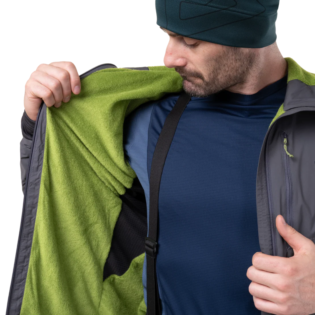 Mountain Equipment Switch Pro Hooded Men's Jacket in Anvil Grey - detail view showing zipped hand pocket with twin carabiner carry loops
