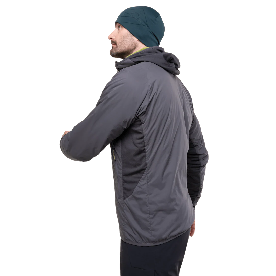 Mountain Equipment Switch Pro Hooded Men's Jacket in Anvil Grey - detail view showing low bulk cuff with integrated thumb loop