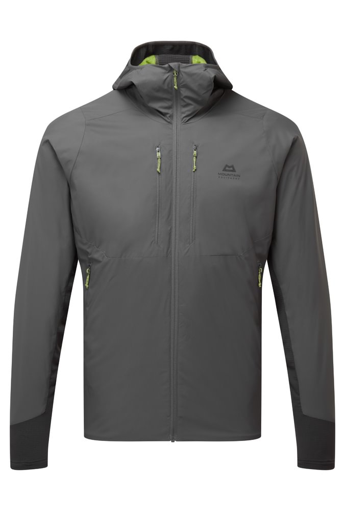 Mountain Equipment Switch Pro Hooded Men's Jacket in Anvil Grey - front view showing 20D RS Nylon outer and Octayarn warp-knit lining