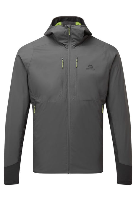 Mountain Equipment Switch Pro Hooded Men's Jacket in Anvil Grey - front view showing 20D RS Nylon outer and Octayarn warp-knit lining