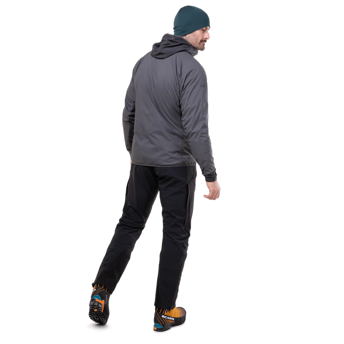 Mountain Equipment Switch Pro Hooded Men's Jacket in Anvil Grey - lifestyle view showing hybrid breathable mid-layer for alpine climbing and ski touring