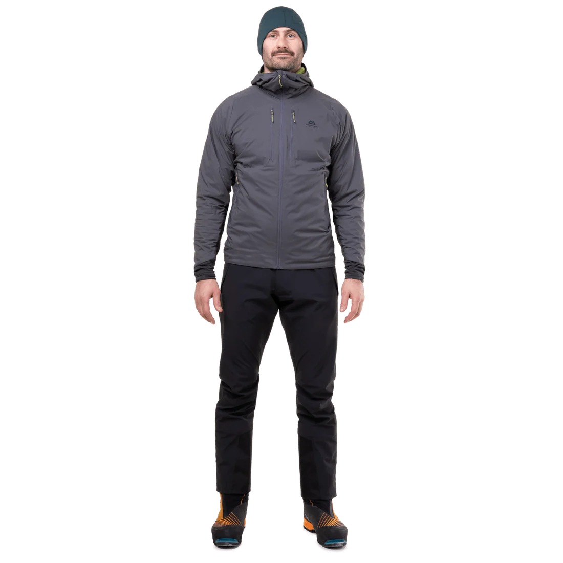 Mountain Equipment Switch Pro Hooded Men's Jacket in Anvil Grey packed into hand pocket showing lightweight packable construction with twin carabiner carry loops