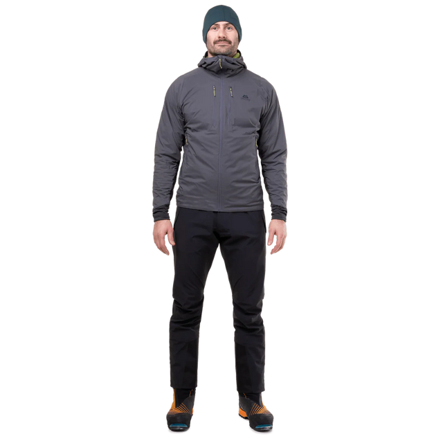 Mountain Equipment Switch Pro Hooded Men's Jacket in Anvil Grey packed into hand pocket showing lightweight packable construction with twin carabiner carry loops