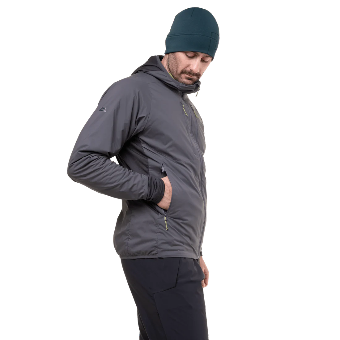 Mountain Equipment Switch Pro Hooded Men's Jacket in Anvil Grey - side view showing elastane bound hem and low bulk cuffs with thumb loops