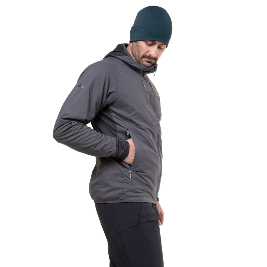 Mountain Equipment Switch Pro Hooded Men's Jacket in Anvil Grey - side view showing elastane bound hem and low bulk cuffs with thumb loops