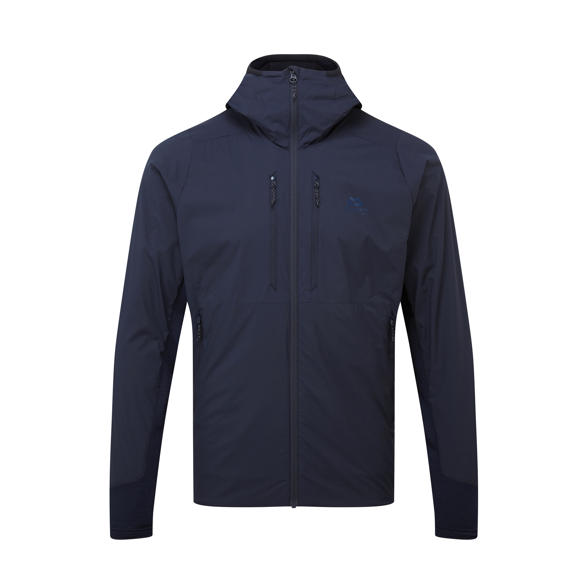 Mountain Equipment Switch Pro Hooded Men's Jacket in Cosmos - front view showing 20D RS Nylon outer and Octayarn warp-knit lining