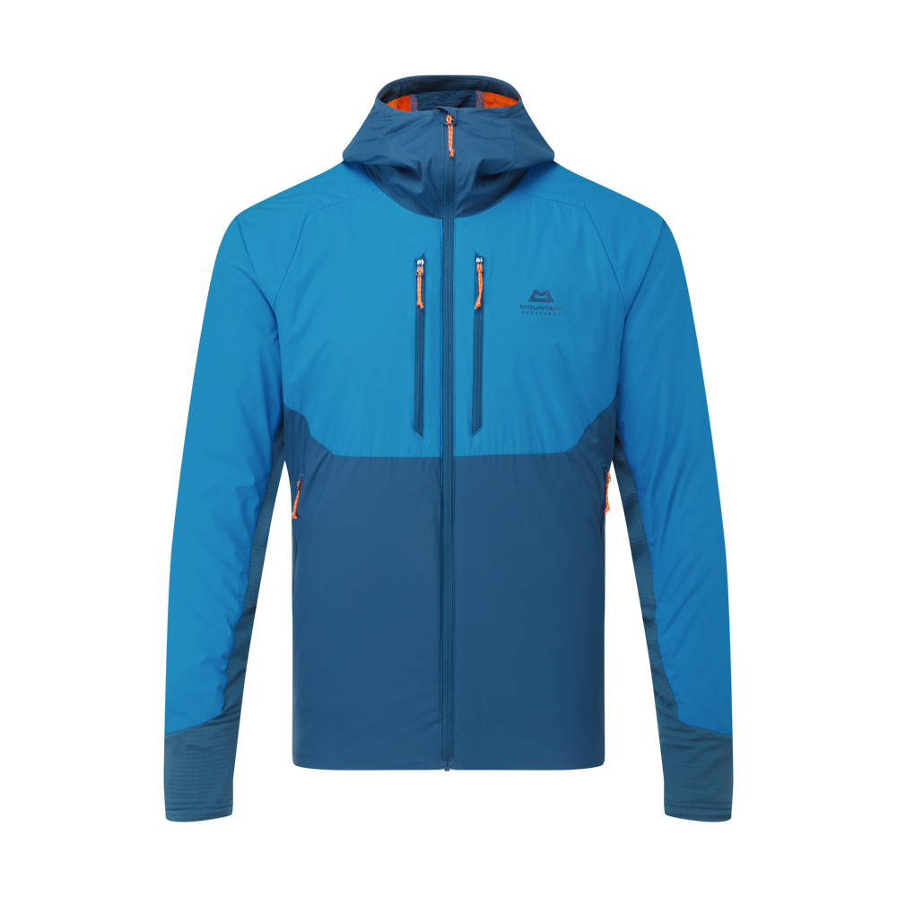 Mountain Equipment Switch Pro Hooded Men's Jacket in Mykonos/Majolica - front view showing 20D RS Nylon outer and Octayarn warp-knit lining