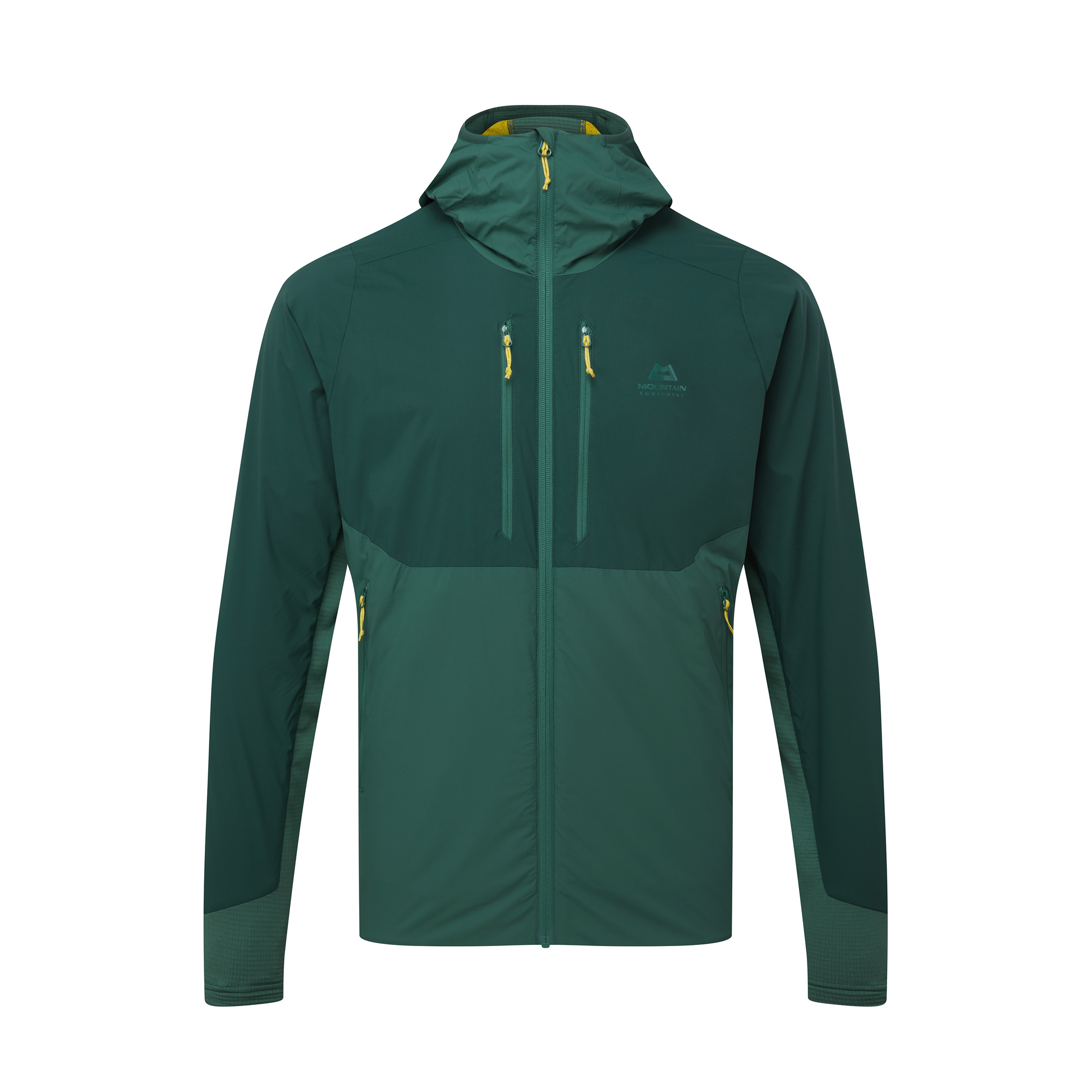 Mountain Equipment Switch Pro Hooded Men's Jacket in Pine/Fern - front view showing 20D RS Nylon outer and Octayarn warp-knit lining