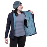 Mountain Equipment Switch Pro Hooded Women's Jacket in Cosmos - detail view showing grown-on elastane bound hood and Pontetorto Tecnostretch hood panel