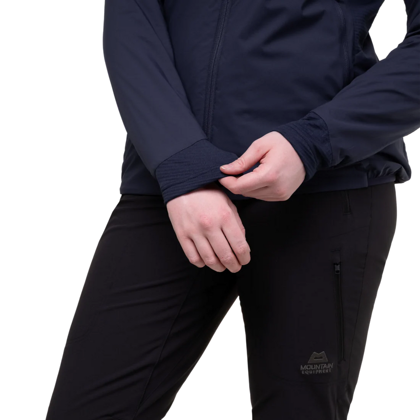 Mountain Equipment Switch Pro Hooded Women's Jacket in Cosmos - detail view showing YKK centre front zip and zipped chest pocket