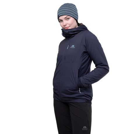 Mountain Equipment Switch Pro Hooded Women's Jacket in Cosmos - front view showing 20D RS Nylon outer and Octayarn warp-knit lining