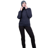Mountain Equipment Switch Pro Hooded Women's Jacket in Cosmos - lifestyle view showing hybrid breathable mid-layer for alpine climbing and ski touring