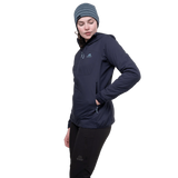 Mountain Equipment Switch Pro Hooded Women's Jacket in Cosmos packed into hand pocket showing lightweight packable construction for alpine and expedition use