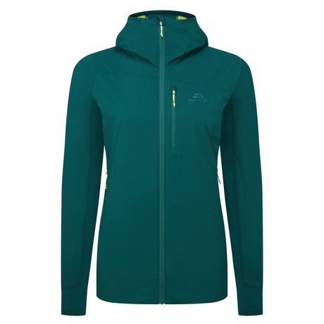 Mountain Equipment Switch Pro Hooded Women's Jacket in Deep Teal - front view showing 20D RS Nylon outer and Octayarn warp-knit lining