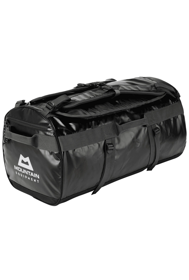 Mountain Equipment Wet & Dry 140L Kitbag in Black/Shadow/Silver - showing U-shaped lid and reinforced carrying straps