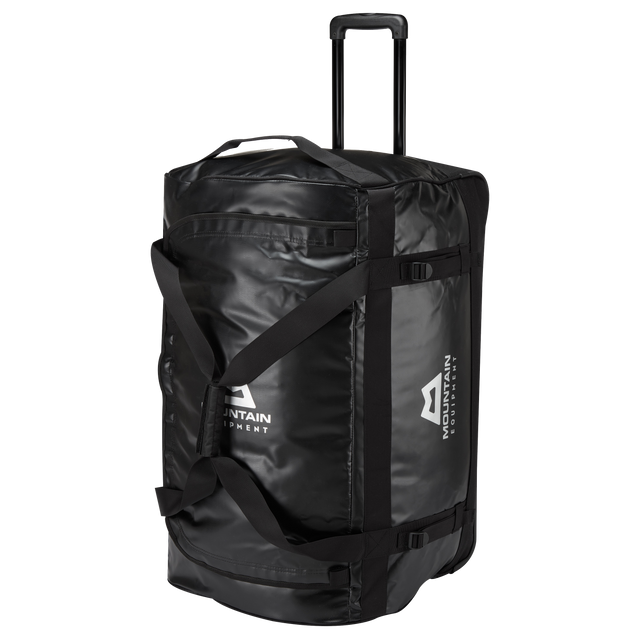 Mountain Equipment Wet & Dry Roller Kit Bag 140L in Black/Shadow/Silver - showing retractable handle, wheels and U-shaped lid