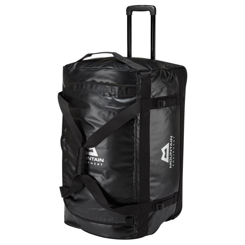 Mountain Equipment Wet & Dry Roller Kit Bag 140L in Black/Shadow/Silver - showing retractable handle, wheels and U-shaped lid