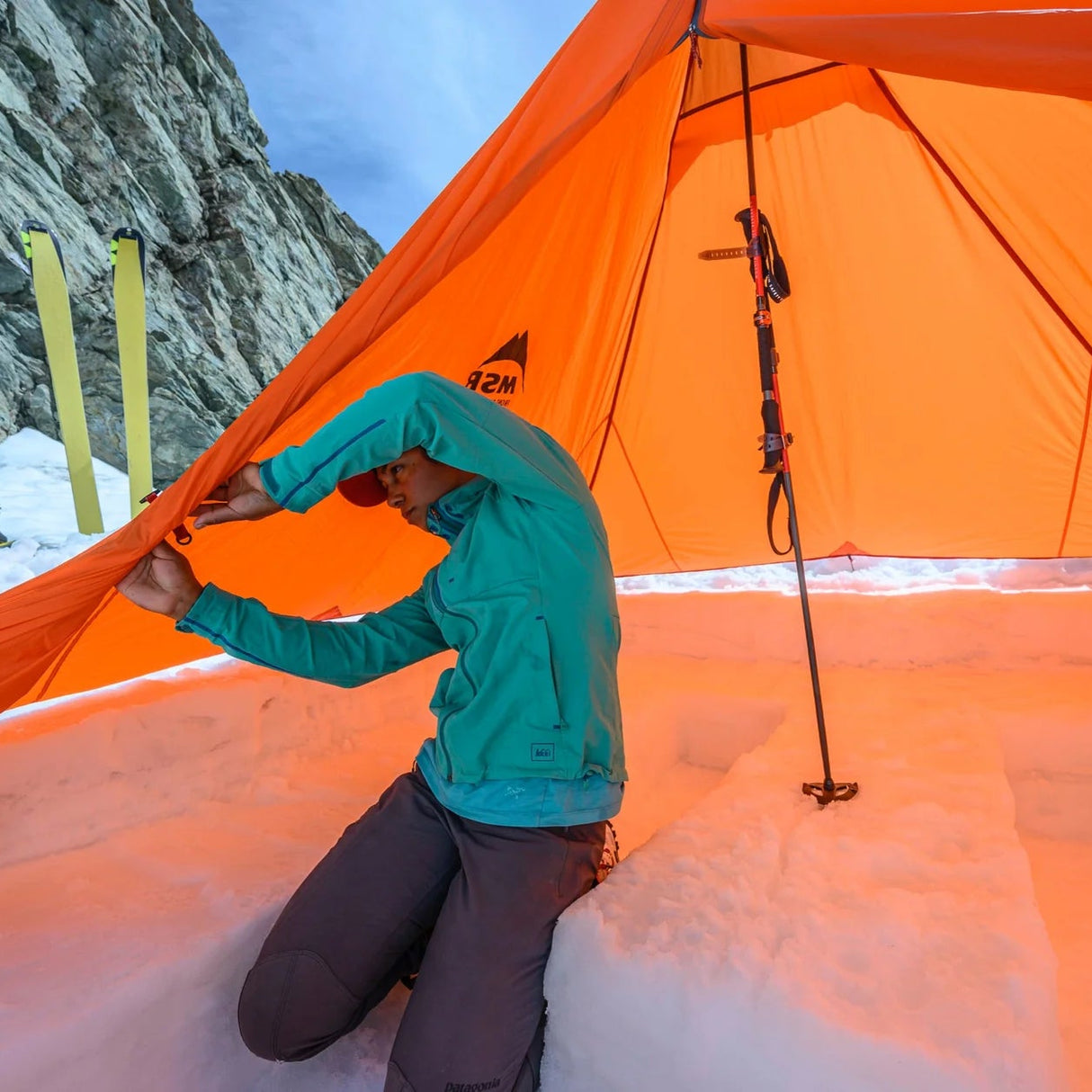 MSR Front Range tarp shelter steep canopy design shedding snow in winter alpine conditions