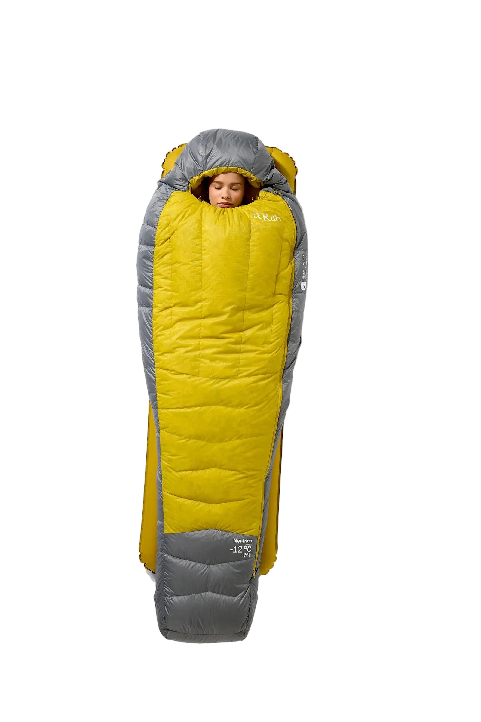 Rab Women's Neutrino Down Sleeping Bag in Zinc/Dark Pollen - worn front
