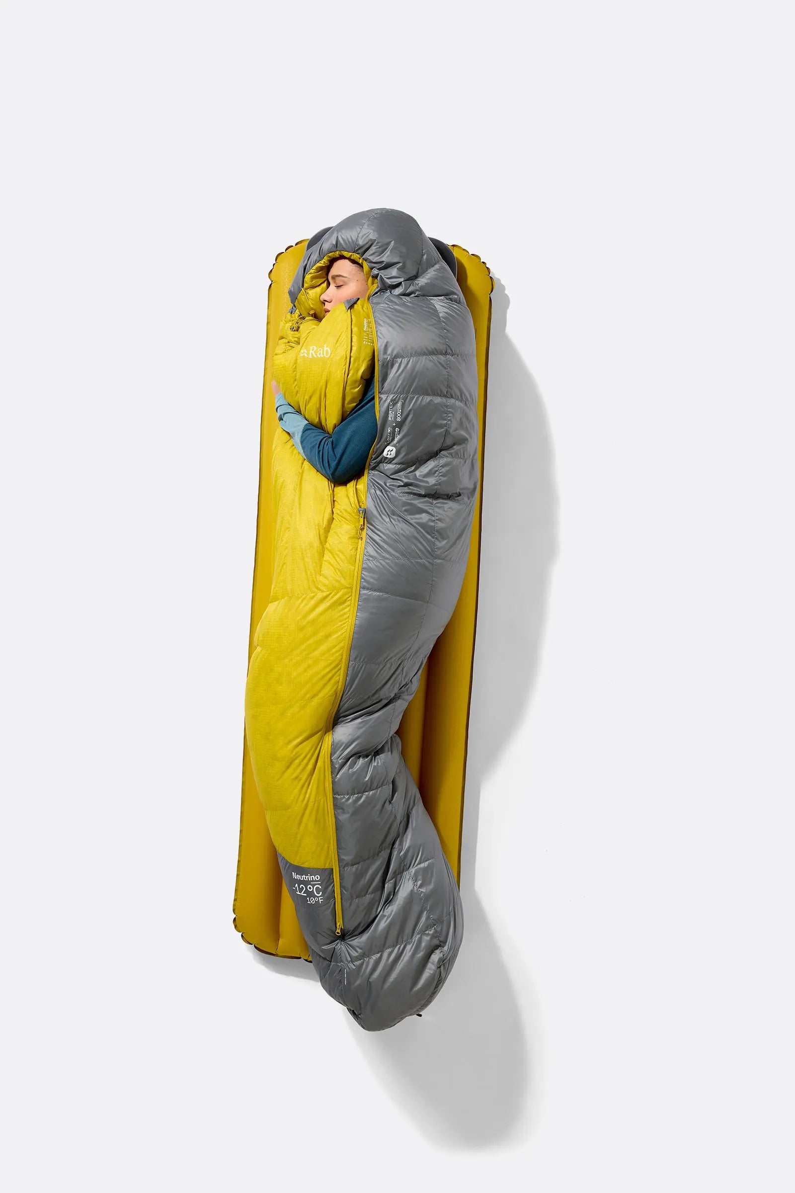 Rab Women's Neutrino Down Sleeping Bag in Zinc/Dark Pollen - worn side