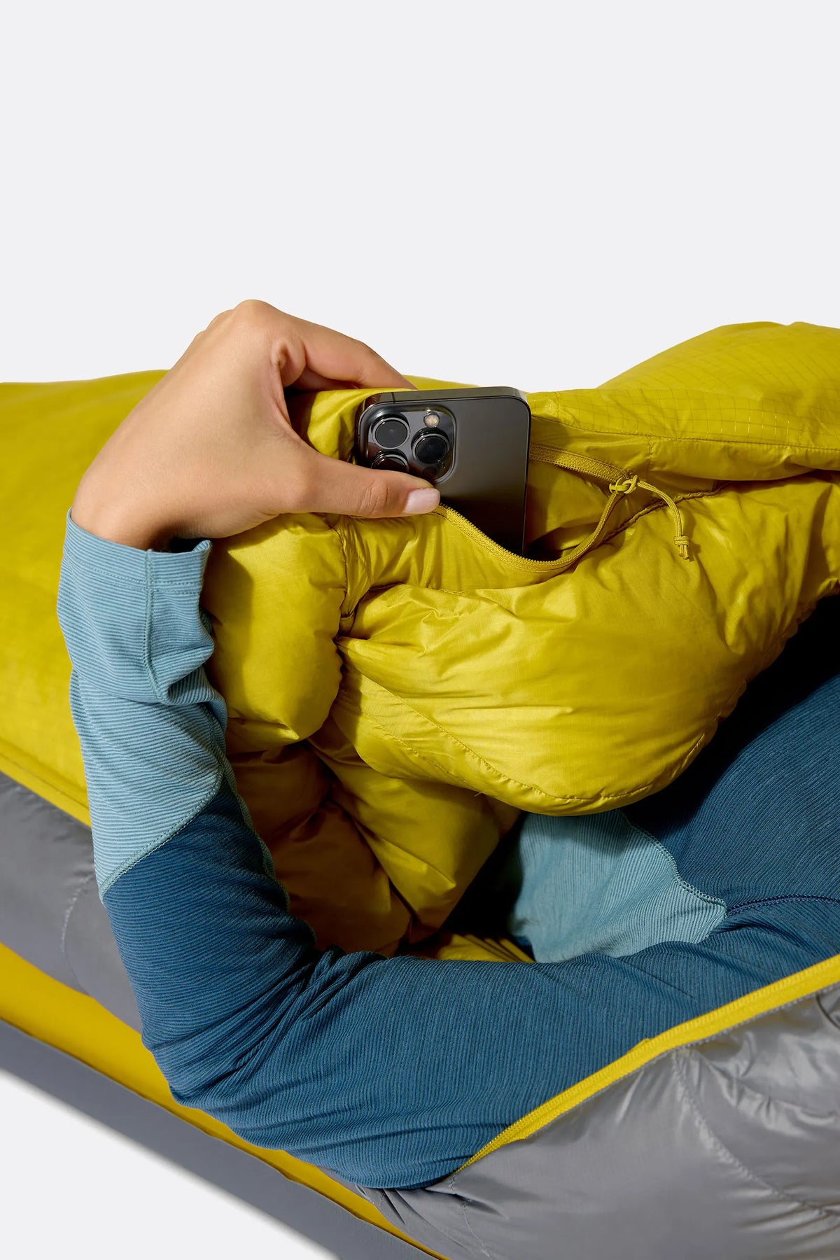Rab Women's Neutrino Down Sleeping Bag in Zinc/Dark Pollen - internal pocket detail