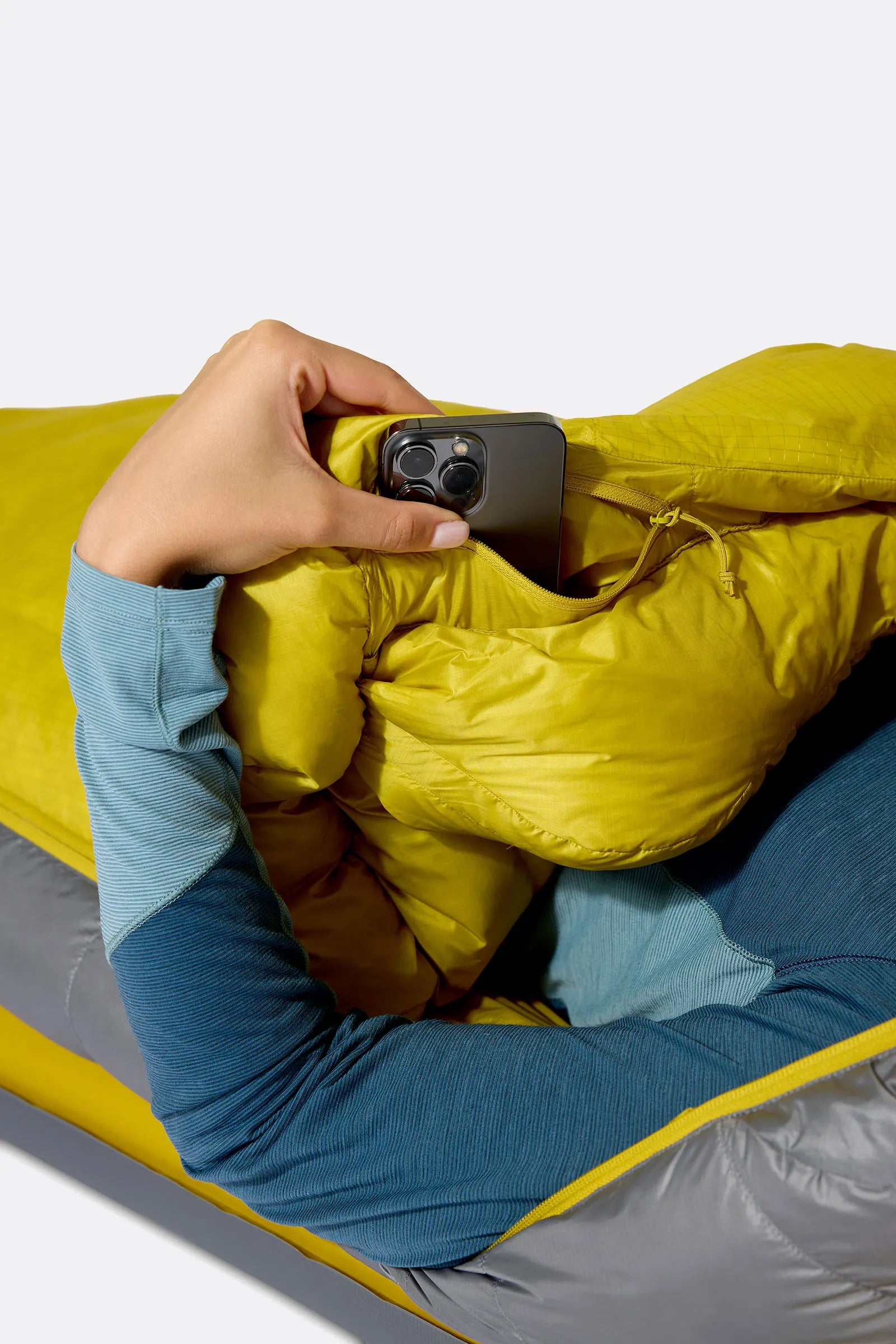 Rab Women's Neutrino Down Sleeping Bag in Zinc/Dark Pollen - internal pocket detail