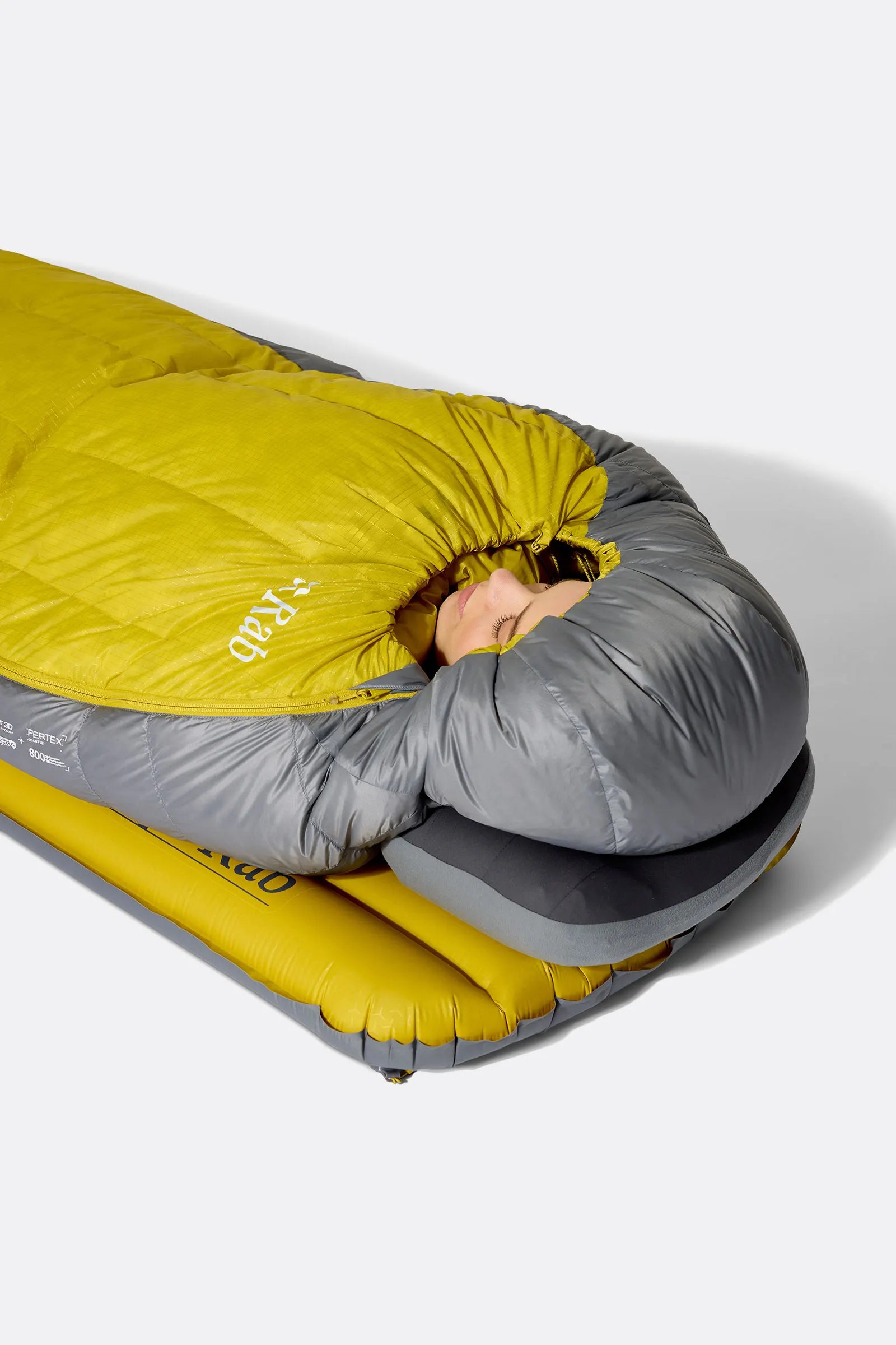 Rab Women's Neutrino Down Sleeping Bag in Zinc/Dark Pollen - worn hood detail