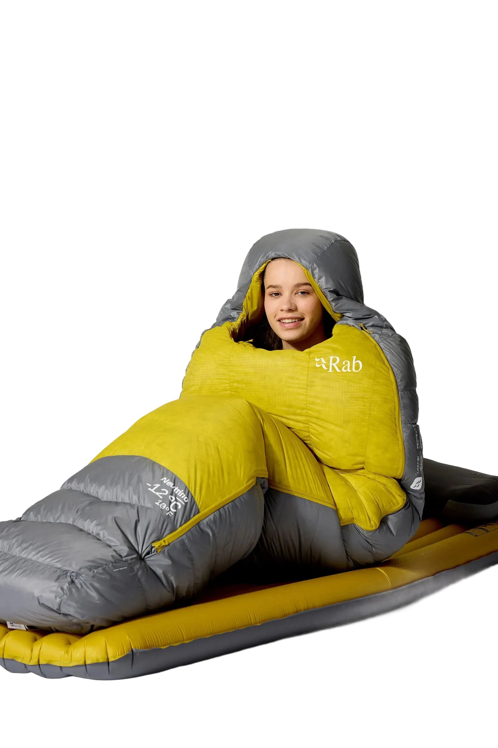 Rab Women's Neutrino Down Sleeping Bag in Zinc/Dark Pollen - worn lifestyle