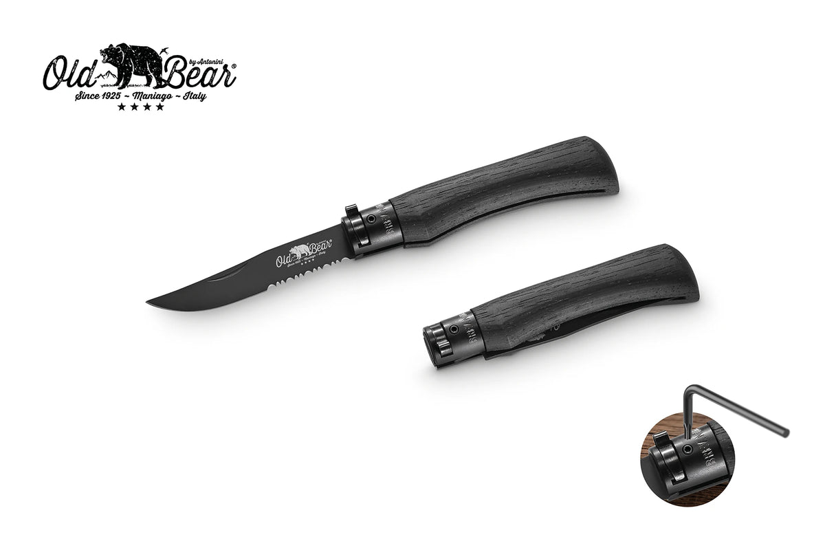 Old Bear Total Black serrated folding knife, medium