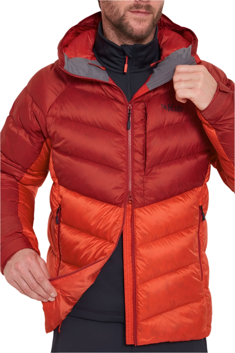 Rab Men's Glaceon Pro Down Jacket in Tuscan Red/Dark Horizon (styling reference) - Zip Pull Detail