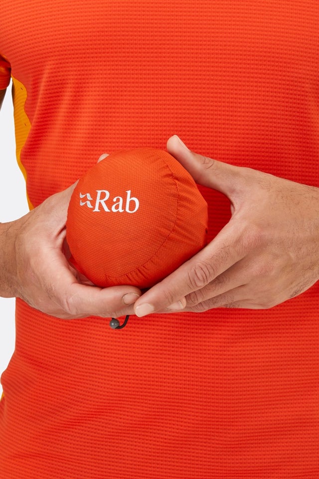Rab Men's Phantom Waterproof Pull-On Jacket in Firecracker (Reference) - packed in stuff sack