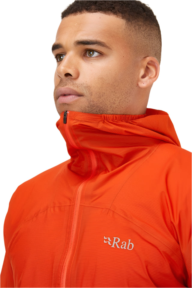 Rab Men's Phantom Waterproof Pull-On Jacket in Firecracker (Reference) - worn, collar detail
