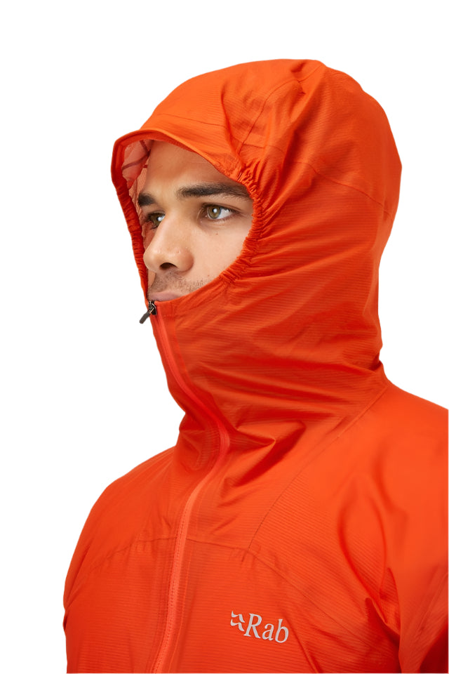 Rab Men's Phantom Waterproof Pull-On Jacket in Firecracker (Reference) - worn, hood detail