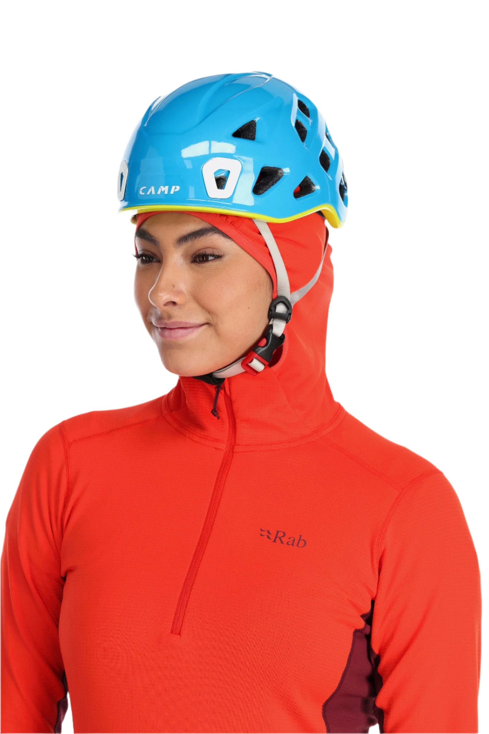 Rab Women's Conduit Hoody in Red Grapefruit (styling reference) - Worn Front (Helmet Compatibility)