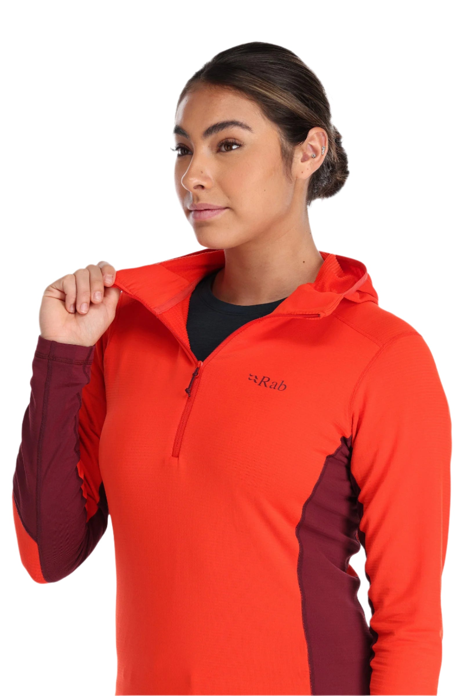 Rab Women's Conduit Hoody in Red Grapefruit (styling reference) - Zip Pull Detail
