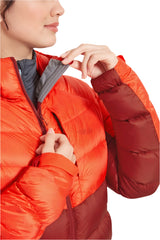 Rab Women's Glaceon Pro Down Jacket in Red Grapefruit/Tuscan Red (styling reference) - Chin Guard Detail