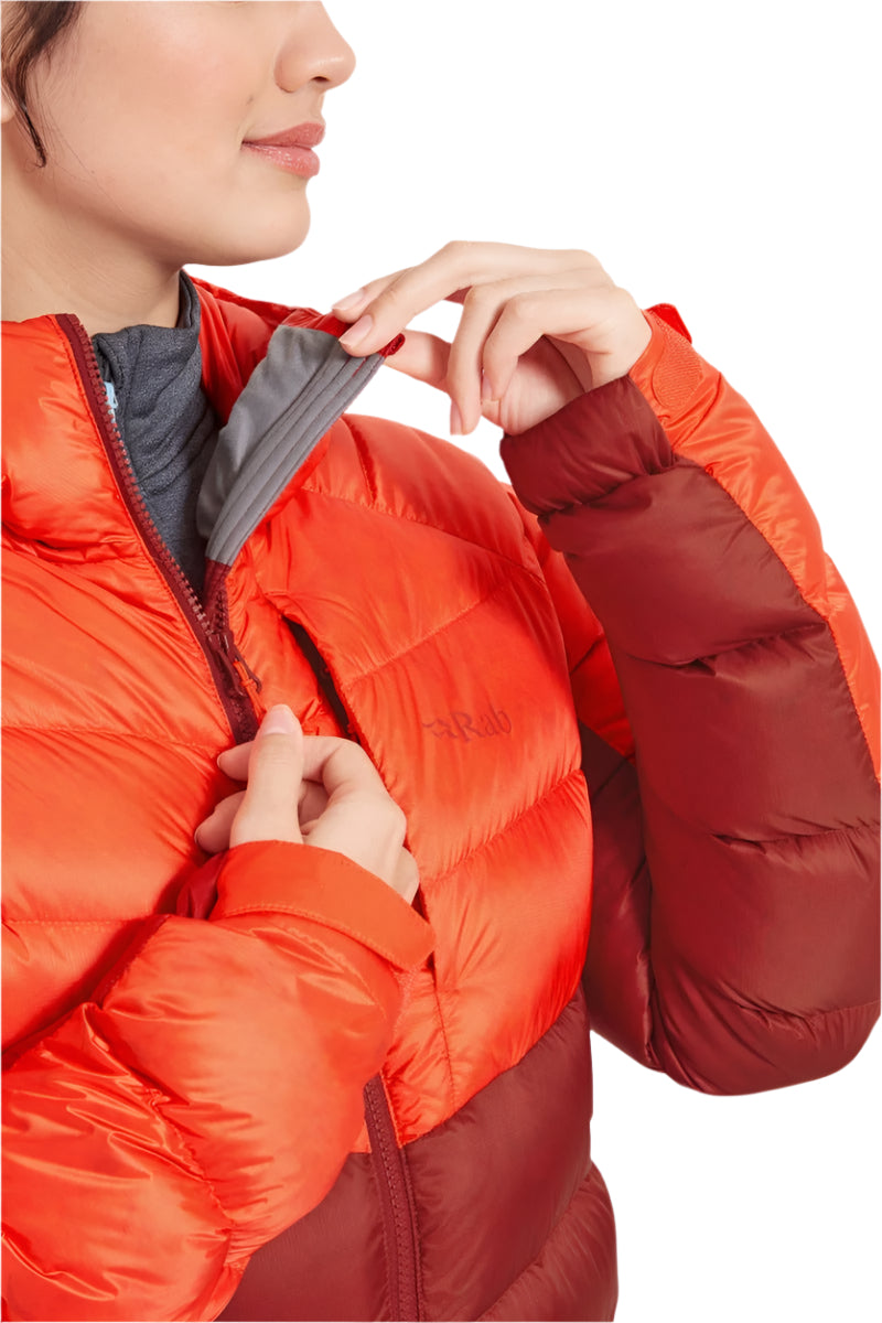 Rab Women's Glaceon Pro Down Jacket in Red Grapefruit/Tuscan Red (styling reference) - Chin Guard Detail