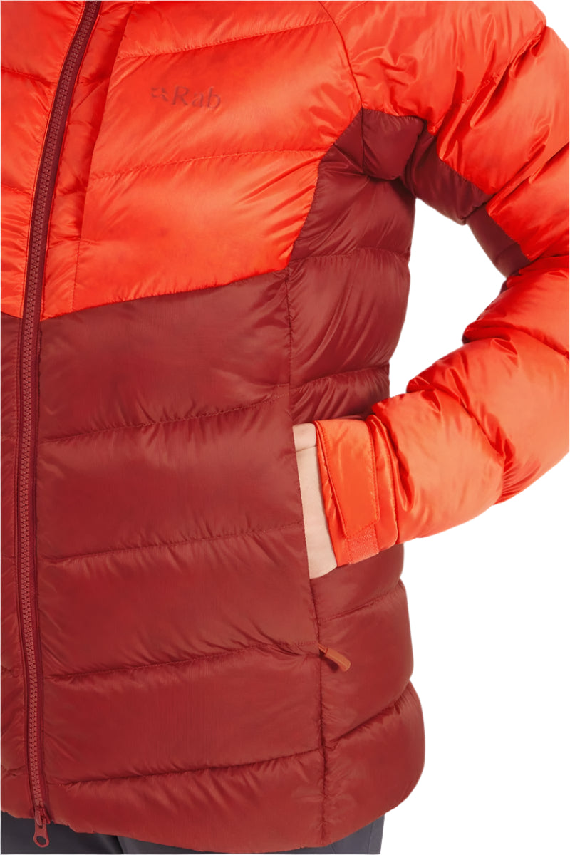 Rab Women's Glaceon Pro Down Jacket in Red Grapefruit/Tuscan Red (styling reference) - Hand Pocket Detail