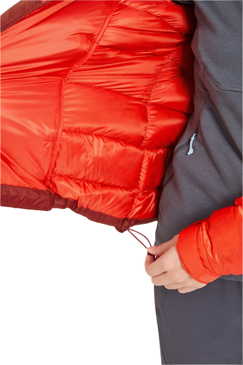 Rab Women's Glaceon Pro Down Jacket in Red Grapefruit/Tuscan Red (styling reference) - Hem Adjustment Detail