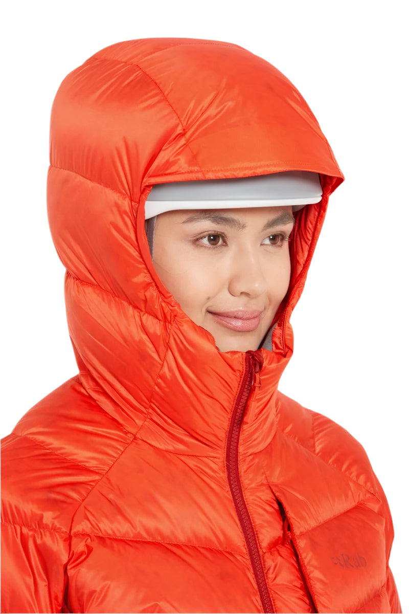 Rab Women's Glaceon Pro Down Jacket in Red Grapefruit/Tuscan Red (styling reference) - Hood Detail