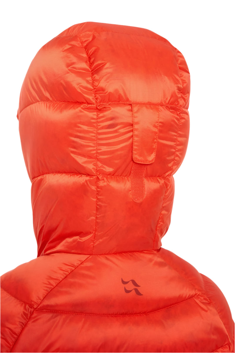 Rab Women's Glaceon Pro Down Jacket in Red Grapefruit/Tuscan Red (styling reference) - Hood Peak Detail