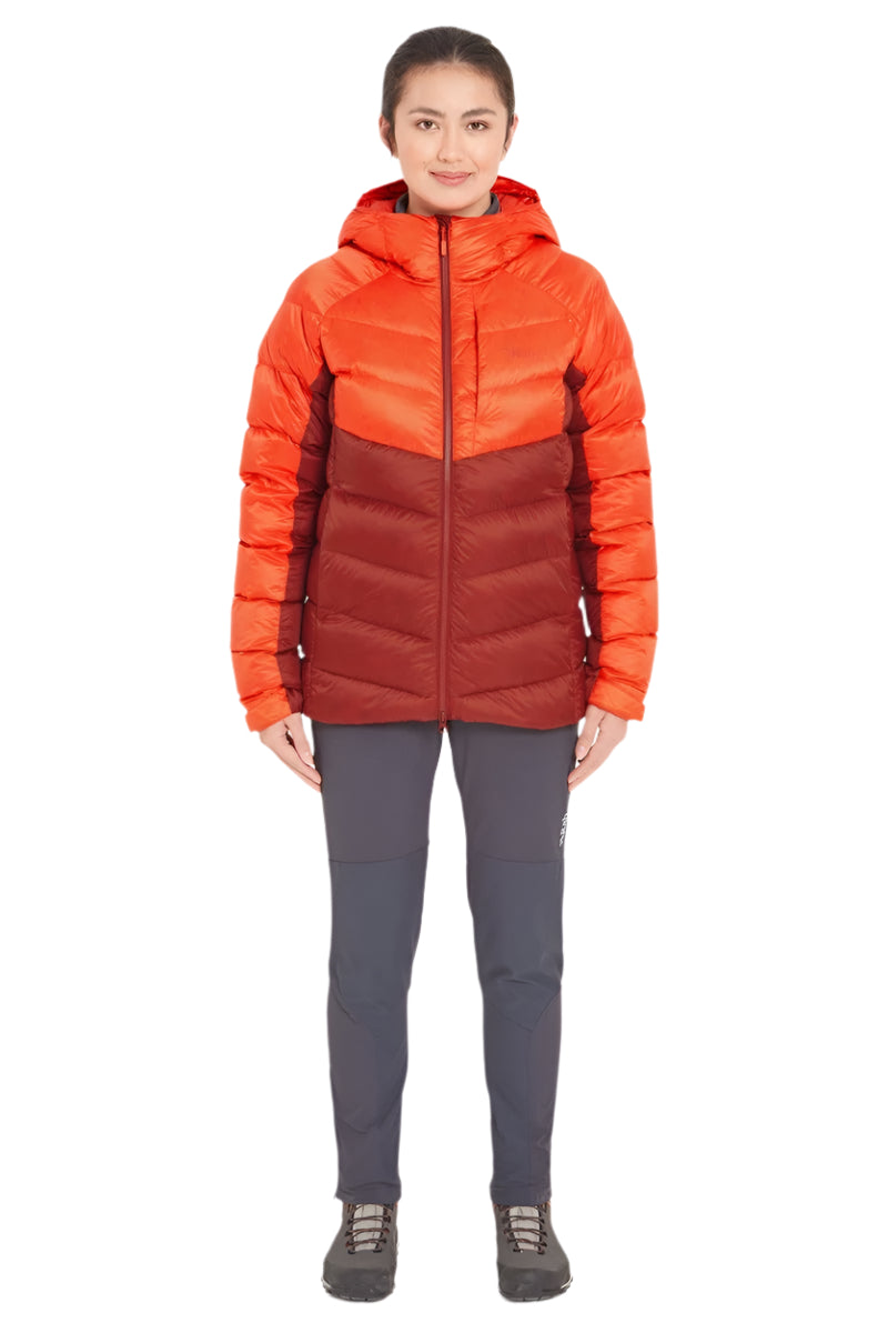 Rab Women's Glaceon Pro Down Jacket in Red Grapefruit/Tuscan Red (styling reference) - Worn Front Full Length