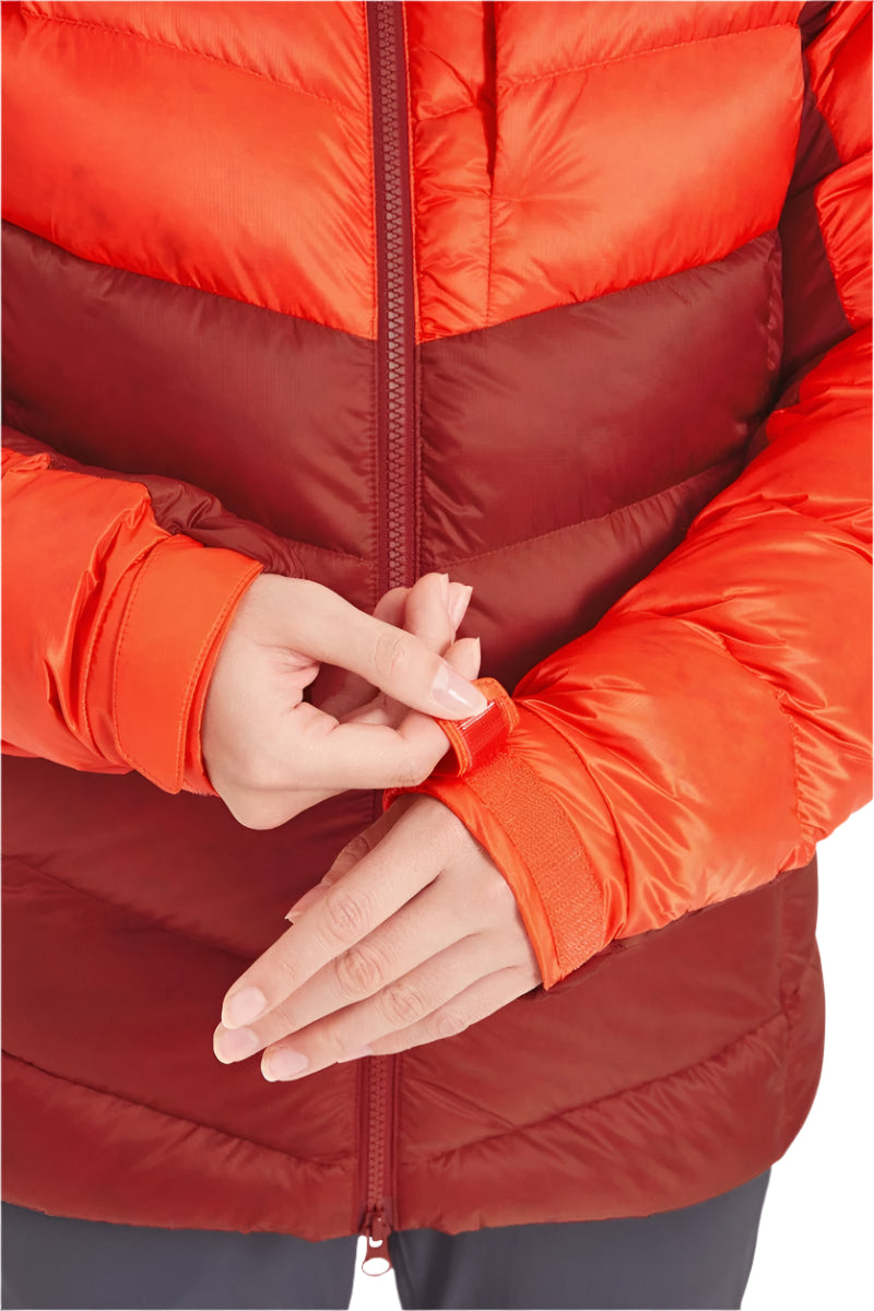 Rab Women's Glaceon Pro Down Jacket in Red Grapefruit/Tuscan Red (styling reference) - Zip Pull Detail