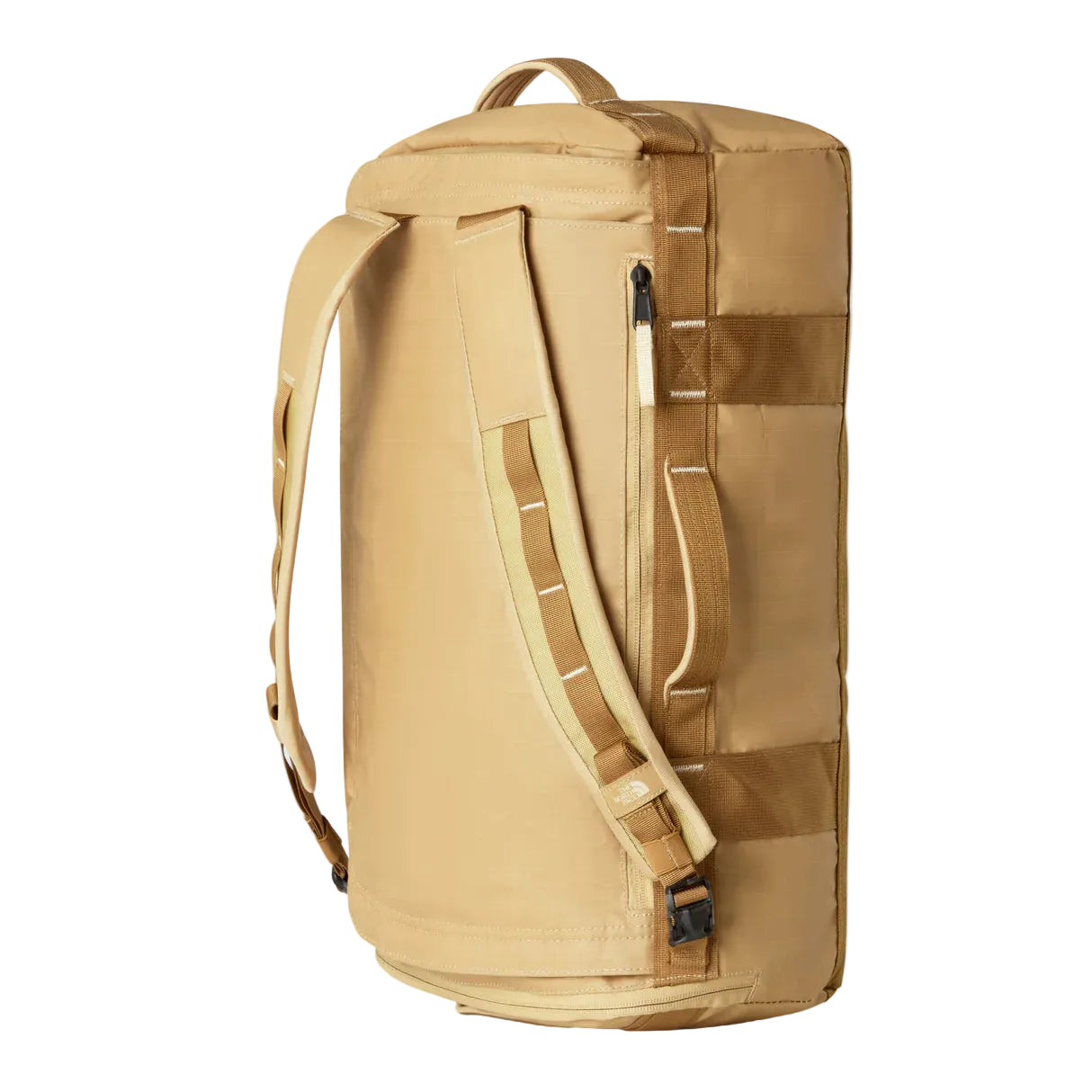 The North Face Base Camp Voyager Duffel 32L Khaki Stone/Utility Brown - lifestyle shot showing versatile backpack and duffel carry options with 32 litre capacity